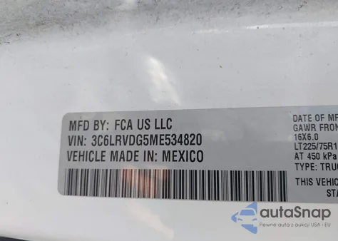 2021 Ram Promaster 2500 High Roof 159 Wb из США, поврежденный, VIN 3C6LRVDG5ME534820